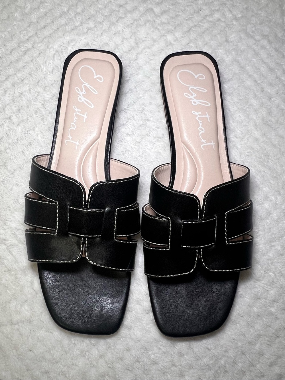 Elzb Stuart Black Leather Woven Slide Sandals Contrast Stitch